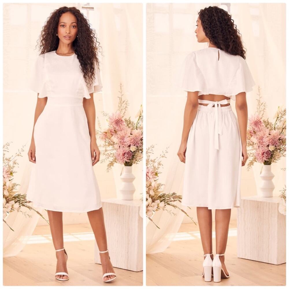 Lulu’s Cabaret Queen White Polka Dot Embossed Satin Backless Midi Dress Sz Small